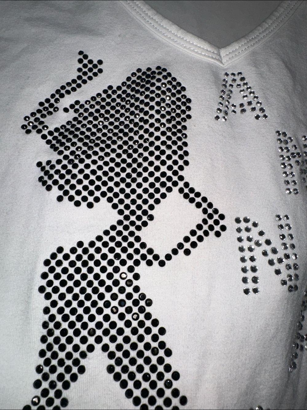Anna Sui White V-Neck Tee with Black & Silver Rhinestone Studded Silhouette S/M